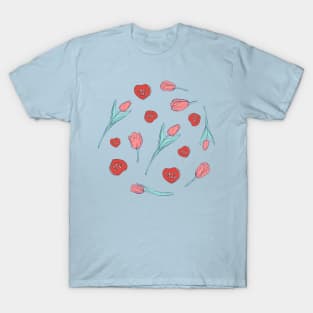 Hearts and tulips on blue T-Shirt